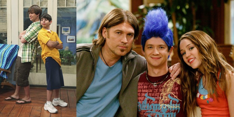 Left: Jackson and Rico standing back to back; Right: Stewart fam (Jackson has blue hair)