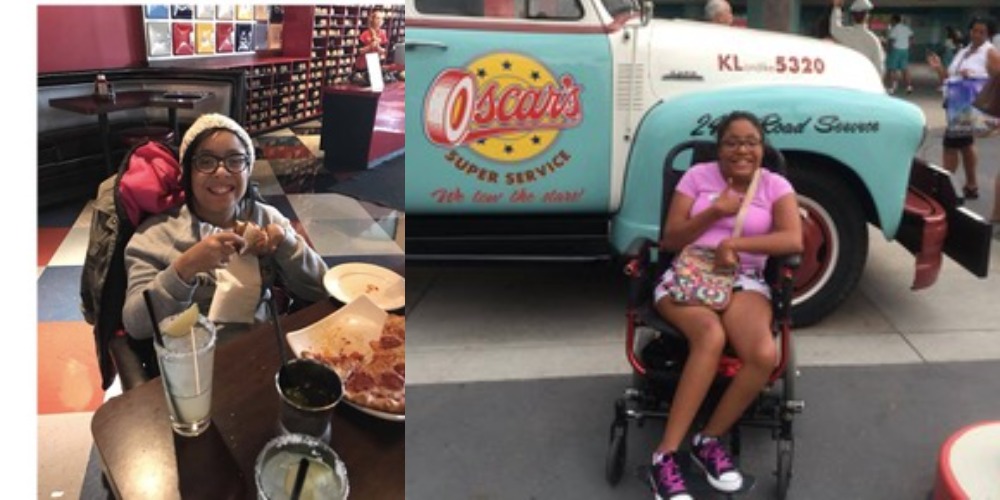 Ty eating pizza (left), sitting outside in front of Oscar's car (right)