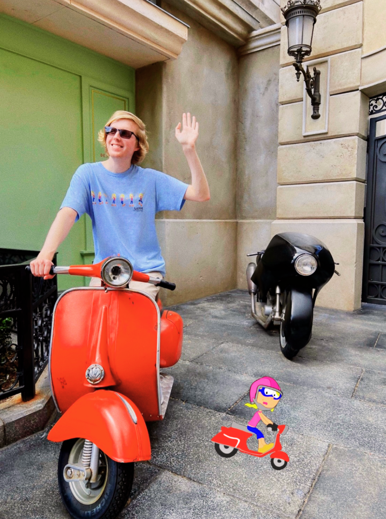 Whitt on vespa, animated Lizzie near him on hers